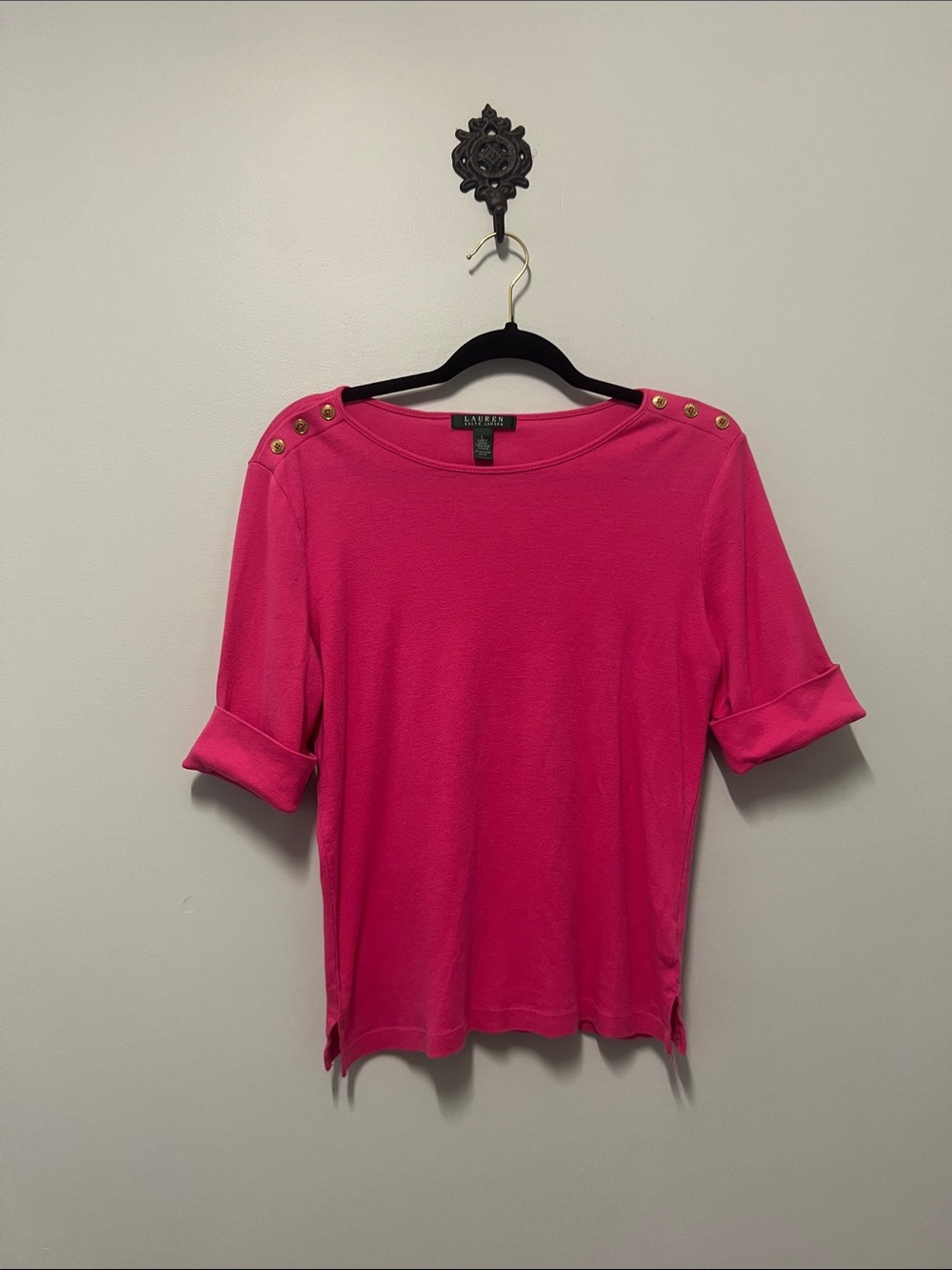 Lauren Ralph Lauren Hot Pink Boatneck Top with Gold Shoulder Buttons Large